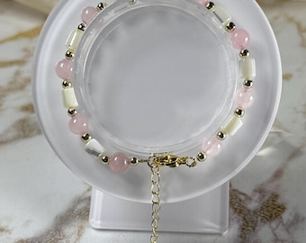 Cute Shiny Handmade 6mm Natural Mother of Pearl and Rose Quartz Bracelet