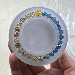 Shiny Gorgeous 6-7mm Natural Black Mica Super Seven Quartz and Black Flash Devil Blue Aquamarine with Citrine Top Bead Crystal Bracelet