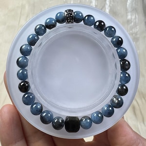 Handmade High Grade 7mm Cool Natural Black Flash Devil Aquamarine Crystal Bracelet with Black Obsidian Top Bead/Stainless-Steel Accessory