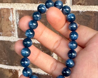Shiny Handmade 8mm Natural Cat's Eye Style Blue Kyanite Bracelet/Gemstone Bracelet