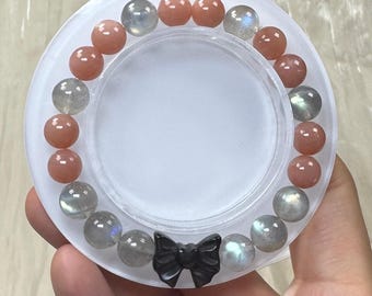 Shiny Genuine Handmade 8mm Natural Orange Moonstone and Labradorite Bow Style Crystal Bracelet