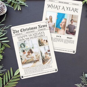 印刷可能なフリルのクリスマスニュースフォトカード（ポートレート）、編集可能なフォトカード、ニュースにふさわしいホリデーカードのデジタルテンプレート