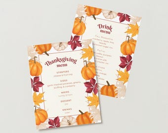 Printable Fall Thanksgiving Menu Card: Editable Template (Digital Download)