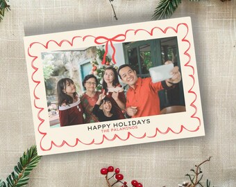 Red Ruffle Frame Holiday Photo Card Template (Digital Download)