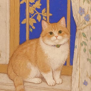 May include: A ginger and white cat with green eyes sits on a windowsill, looking out at a blue and gold patterned window. The cat is wearing a green jewel necklace.