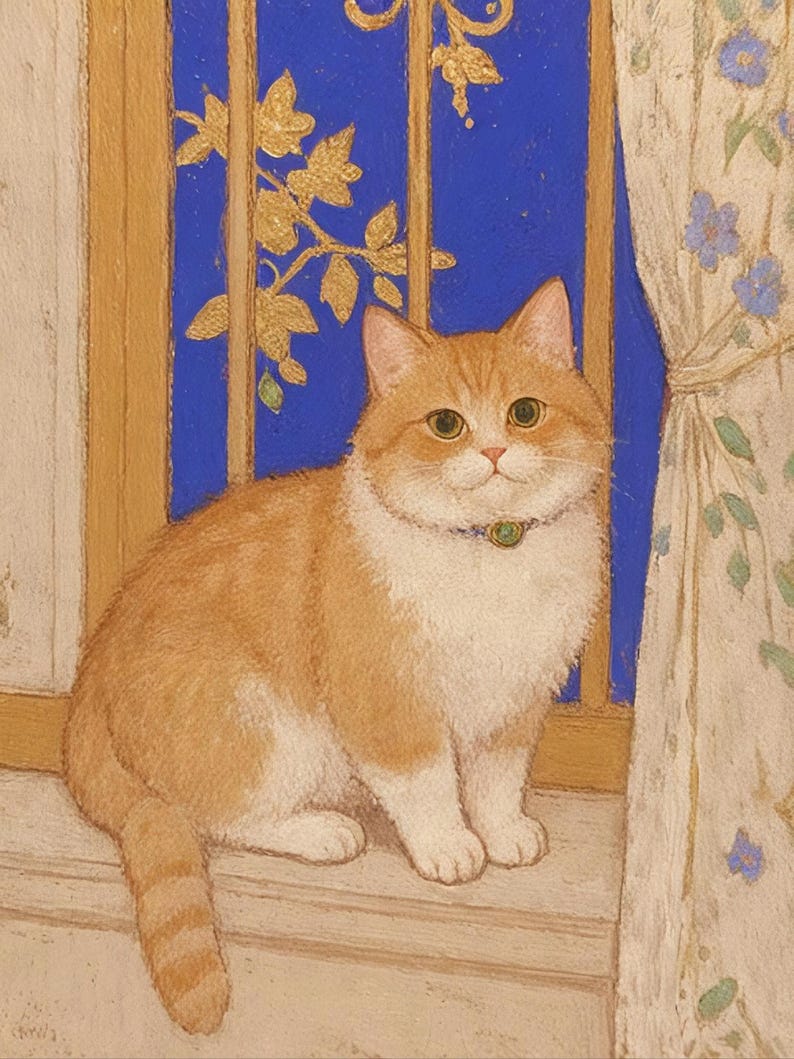 May include: A ginger and white cat with green eyes sits on a windowsill, looking out at a blue and gold patterned window. The cat is wearing a green jewel necklace.