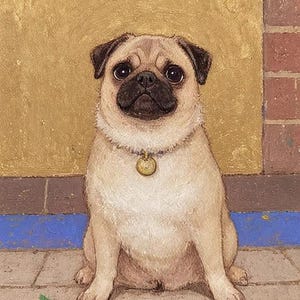 May include: A light brown pug dog with a black nose and dark eyes sits on a tiled floor. The dog is wearing a gold collar with a tag. The background is a yellow wall with a brick wall to the right.