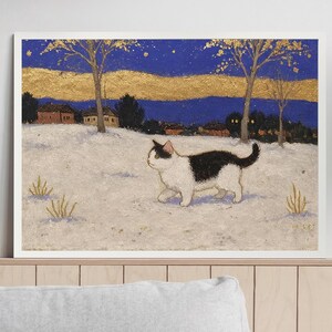 May include: A black and white cat walks through a snowy landscape with houses in the background. The sky is blue with gold clouds and stars.
