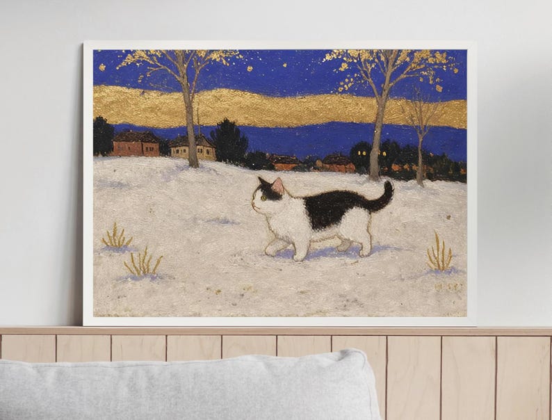 May include: A black and white cat walks through a snowy landscape with houses in the background. The sky is blue with gold clouds and stars.