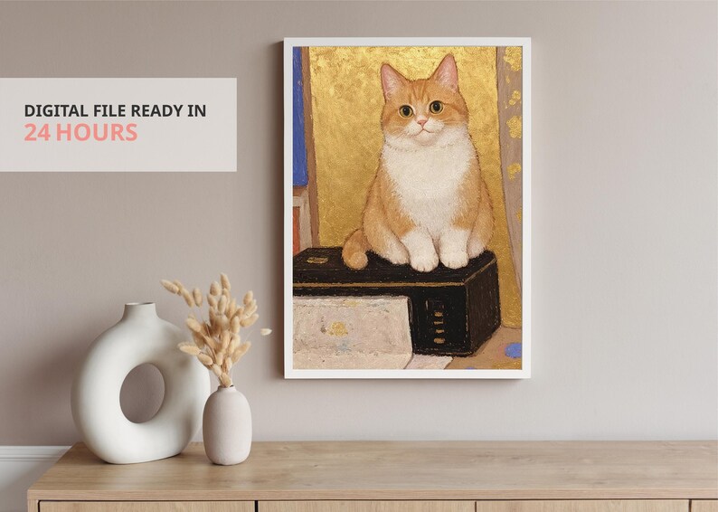 Beautiful custom pet portrait with vibrant colors, featuring a promise of digital file delivery within 24 hours. Perfect for pet lovers seeking unique and personalized artwork.