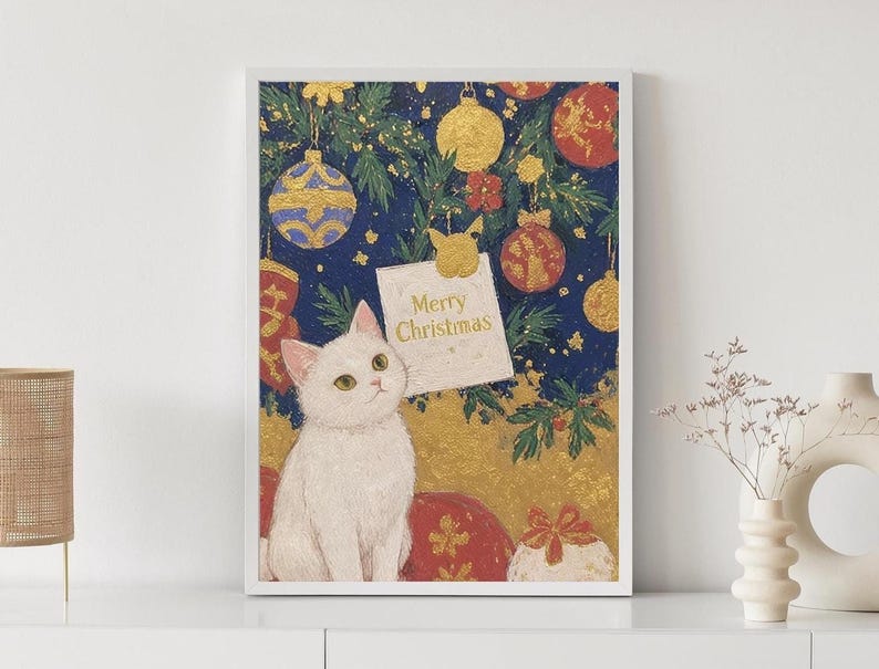Framed custom Christmas pet portrait featuring a colorful hand-drawn pet illustration in a festive holiday setting, displayed on a cozy indoor shelf with seasonal decorations. Perfect holiday gift or wall art for pet lovers.