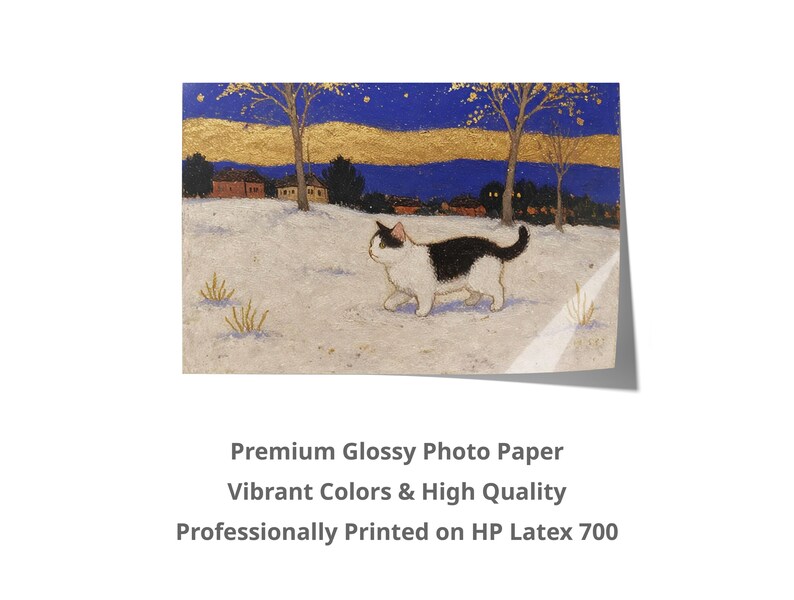 May include: A black and white cat walks through a snowy landscape with a village in the background. The sky is blue with gold stars and a yellow sunset. The image is printed on premium glossy photo paper.