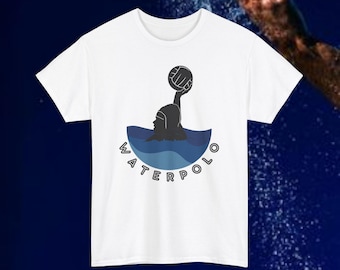 May include: White t-shirt with a black and blue water polo design. The graphic shows a player with a ball, and the word "WATERPOLO" is printed in a semi-circle around the player.