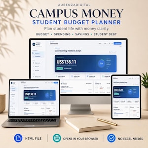 May include: A digital student budget planner displayed on a desktop monitor, laptop, and tablet. The interface shows a dashboard with the text Campus Money, Good evening, Mathews Evelyn, and financial data in US dollars. Includes HTML file, browser access, and no Excel needed.