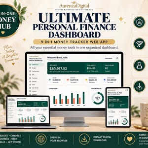 May include: A digital personal finance dashboard displayed on a desktop monitor, laptop, and tablet. The interface features dark green and white color schemes with charts, net worth, and budget tracking data. Text includes Ultimate Personal Finance Dashboard.
