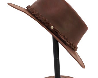 Handmade Reddish-Brown Leather Fedora Hat – 3" Brim, Braided Band – Western-Inspired & Water-Repellent