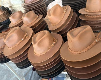 Brown Fedora Hat Medallion Leather Braided Band Wide Brim Fedoras NEW Fedora Hat Weaved Braid Band Tan main image 2