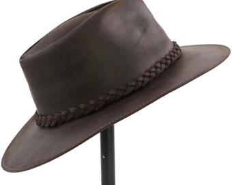 Handmade Brown Leather Fedora Hat – Western-inspired With  display picture 3