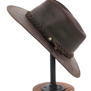 Handmade Brown Leather Fedora Hat – Western-Inspired with Braided Band – Water-Repellent & Artisan Made