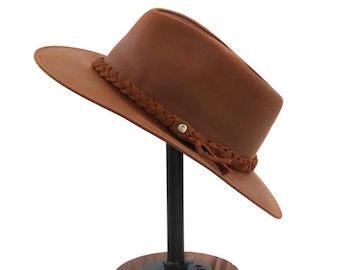 Handmade Camel Leather Fedora Hat – 3" Brim with Water-Repellent Finish – Western-Inspired Artisan Hat from Ecuador