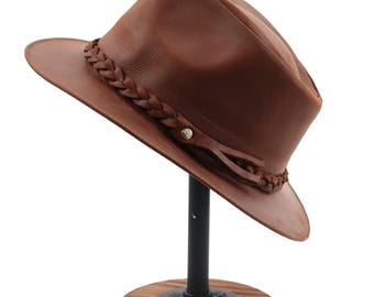 Handmade Reddish-Brown Leather Fedora Hat – Braided Band – Unisex Western Style – Made in Ecuador