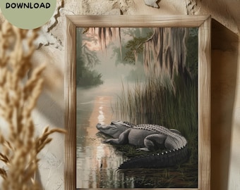 Arte mural de caimán, reptil vibrante, decoración imprimible, descarga digital
