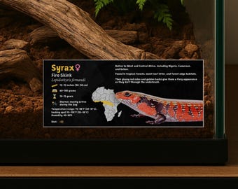 Gepersonaliseerde Fire Skink-behuizingslabel: gelamineerd vivarium-informatiedecor