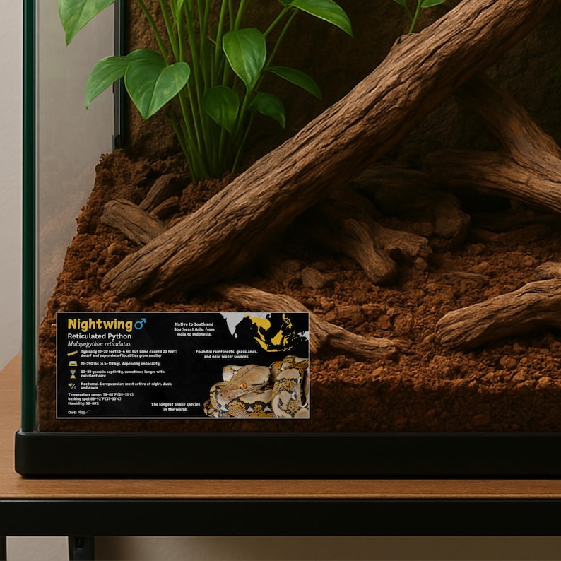 Pode incluir: Um close-up de um terr&aacute;rio com substrato marrom, um grande peda&ccedil;o de madeira flutuante e uma planta verde. Um cart&atilde;o de informa&ccedil;&atilde;o preto e amarelo sobre a pit&atilde;o reticulada &eacute; vis&iacute;vel em primeiro plano. O cart&atilde;o inclui o texto "Nightwing" e "Pit&atilde;o reticulada".