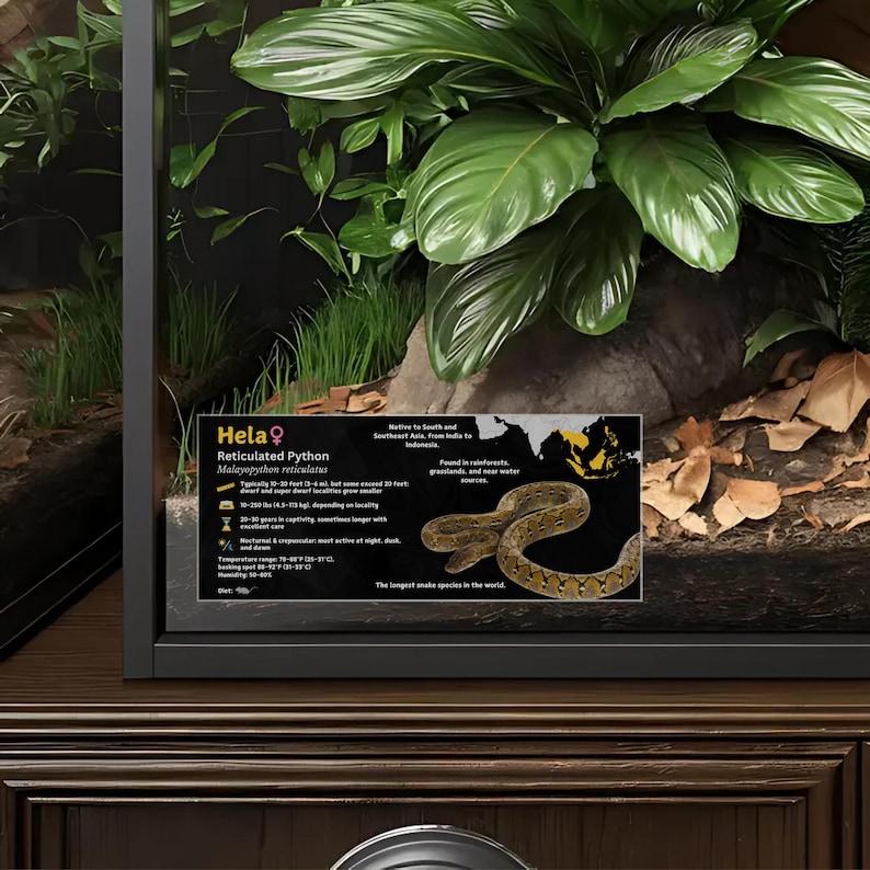 Pode incluir: Um cart&atilde;o de informa&ccedil;&atilde;o sobre a pit&atilde;o reticulada, tamb&eacute;m conhecida como Malayopython reticulatus. O cart&atilde;o inclui informa&ccedil;&otilde;es sobre o habitat, o tamanho e os cuidados com a cobra. Um mapa do sudeste asi&aacute;tico &eacute; mostrado no fundo. O cart&atilde;o tamb&eacute;m inclui uma foto de uma pit&atilde;o reticulada.