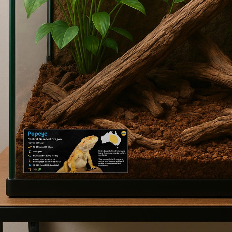 Etiqueta personalizada para terrario de dragón barbudo: Decoración laminada con información para terrario. Blue / No Icon