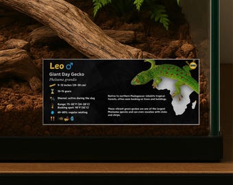 Gepersonaliseerde behuizingslabel gigantische daggekko: gelamineerd vivarium-informatiedecor