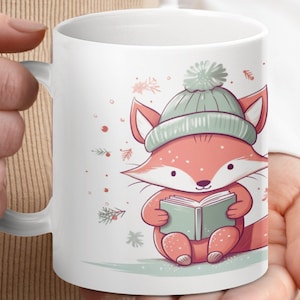 Cute Fox Reading Book Mug, Woodland Animal Mug, Fox Lover Gift, Cozy Winter Mug, Illustrated Fox Drinkware, Holiday Coffee Cup
