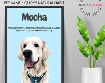 Custom Pet Portrait from Photo, Personalized Dog Cartoon Art with Name & Funny Quote, Digital Download Gift for Pet Lovers
