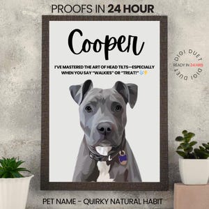 Custom Cat Dog Photo Portrait Cartoon Illustration With Quirky Natural Habit, Pet Digital Frame Poster Design, Personalized Pets Name Gifts