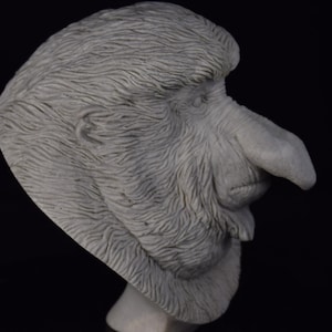 May include: A gray sculpture of a face with a large nose and textured hair. The bust is set against a black background, highlighting the details of the artwork. The sculpture is mounted on a black base.