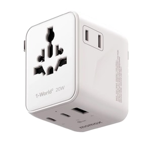 Cargador universal de viaje mini de GaN de 3 puertos, 20 W, con doble CA, color blanco (Momax)