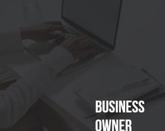 May include: A laptop computer with a blank screen sits on a white desk. The text "BUSINESS OWNER PLANNER." is displayed in white and light brown. The image suggests a business or planning theme.