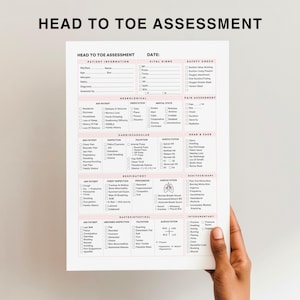 Op de afbeelding: Een printbare checklist voor een lichamelijke beoordeling van top tot teen met secties voor patiëntinformatie, vitale functies, veiligheidscontrole, neurologisch, cardiovasculair, respiratoir, gastro-intestinaal, urogenitaal, integumentair en musculoskeletaal.