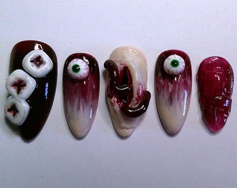 Halloween handpainted 3D press on nails, creepy misc. gore