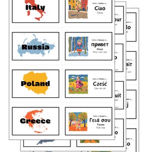Może przedstawiać: Stos fiszek z konturami krajów i pozdrowieniami w różnych językach. Karty zawierają Włochy, Rosję, Polskę i Grecję, z wyrażeniami takimi jak "Ciao" i "Privet". Karty mają kolorowe ilustracje.