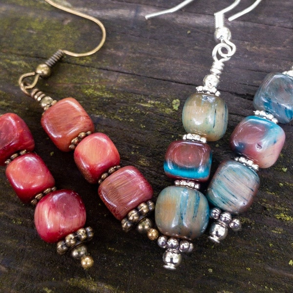 Blue Rainbow - Red - Purple Tiger's Eye Cube or Aqua Terra Jasper with Genuine Turquoise  7-8 mm Bead Earrings   Bohemian western