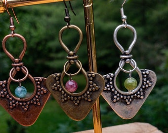 Boho Tourmaline Gemstone Earrings: Ethnic Silver Dangle