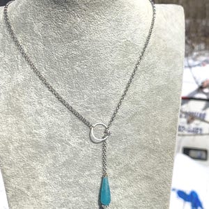 Aqua Blue Quartz Y Necklace: Bohemian Stainless Steel Drop Necklace