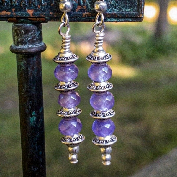 Viking Inspired Earrings Antique Silver Saucers with 6mm Rondell Purple Amethyst Jade -  Gypsy Dangle Earrings  Gypsy Hippie Statement