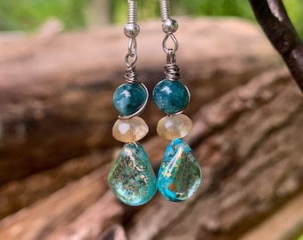 czech briolette Czech Glass & Tourmaline Gemstone Earrings: Bohemian Dangle Jewelry