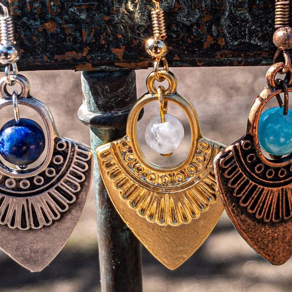 Gemstone earrings Blue flash  Moonstone - Lapis - Amazonite AAA+ Grade Gemstones  31x20mm Bohemian Jewelry  western boho
