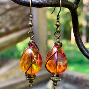 Sunset Orange AB Glass Earrings: Bohemian Dangle Drop