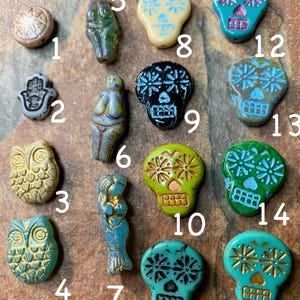 Czech Glass Pendant Charm: Owl, Sugar Skull, Mermaid, Lotus