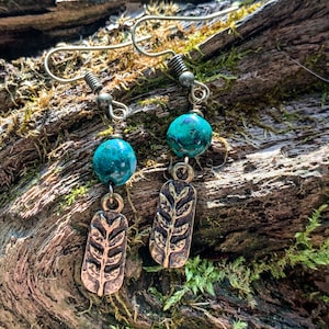 Genuine Green - Blue  Turquoise with Sprout Charm Earrings - Earthy Rustic Statement dangle drop Bohemian Earrings Boho Brass or Silver