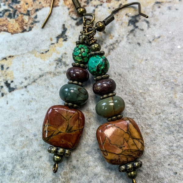 Square Red Creek Jasper with Green Turquoise  Earrings   Picasso Jasper  Fall Jewelry Bohemian Hippie Gypsy Statement   Rustic and Earthy
